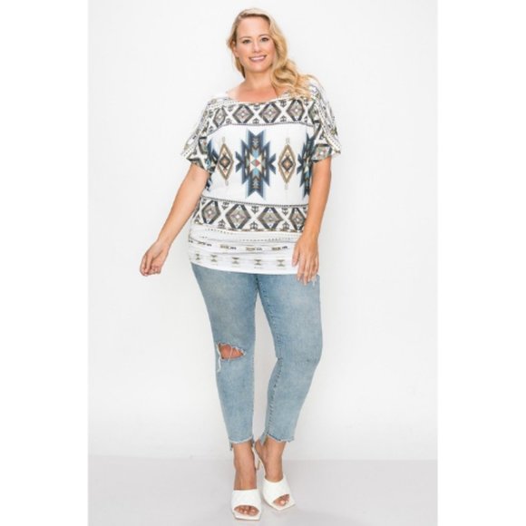 Women’s White Sleeve Less Geometric-Tribal Sublimation Print Top - Picture 3 of 5